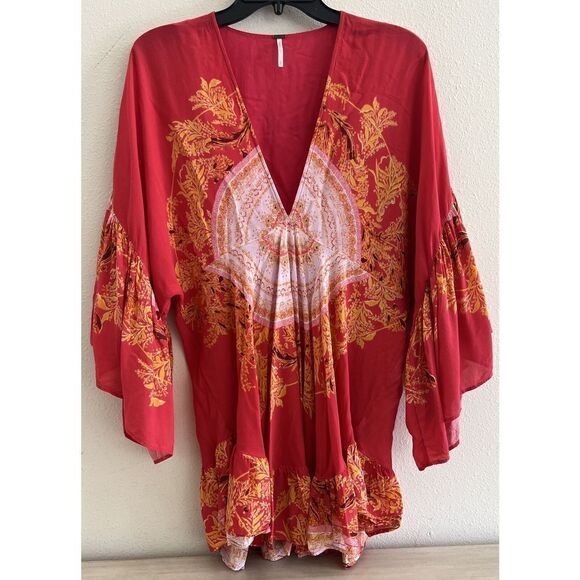FREE PEOPLE Women Sz S Sunset Dreams Printed Red Tunic Ruffle Top - Picture 1 of 14